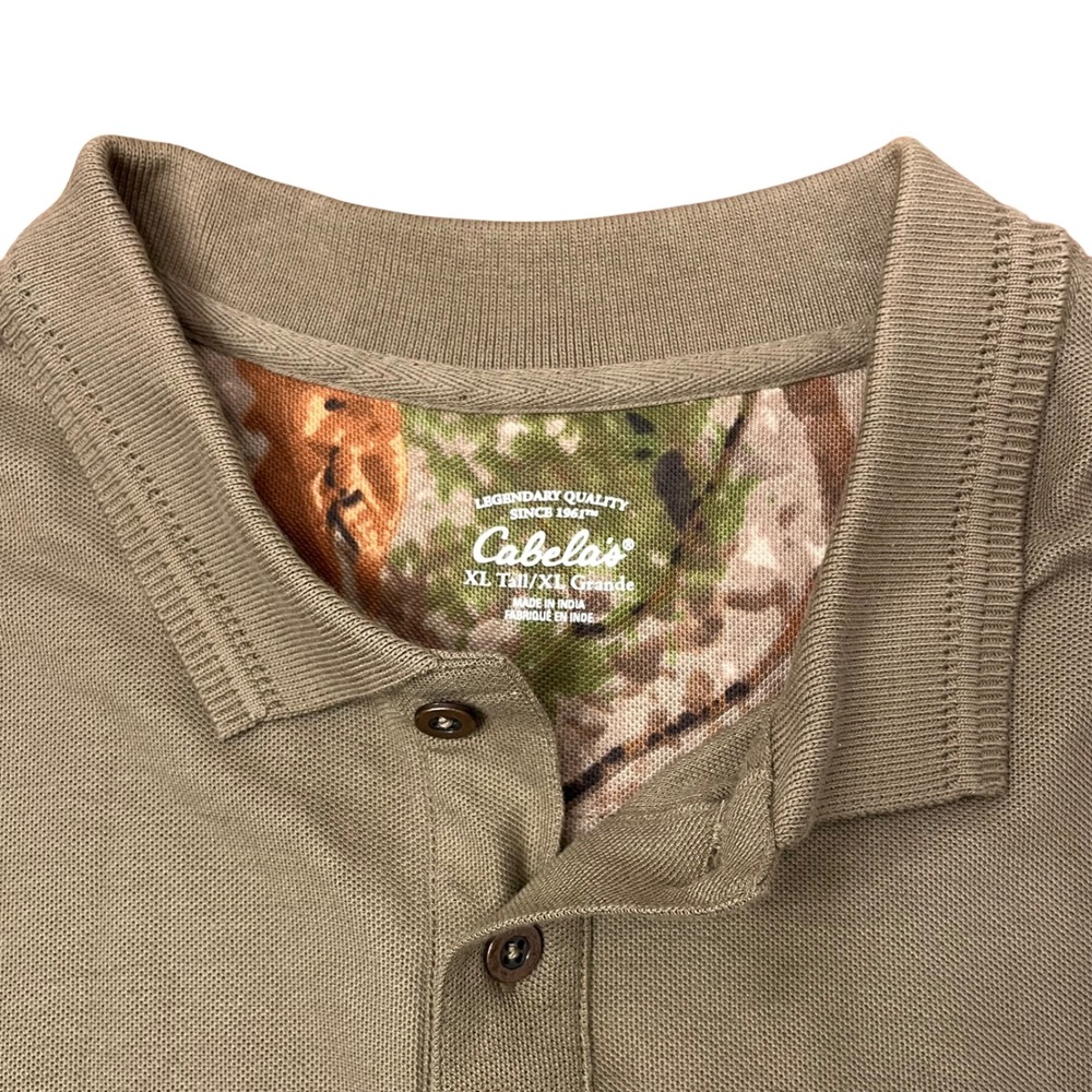 Cabelas Polo Shirt Mens XL Tall Olive Green Camo Sleeve Hunting Outdoor Pique